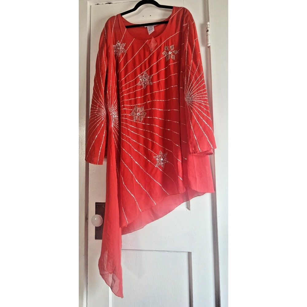 New The Paragon Womens 2X red sheer tunic silver star beadwork asymmetrical hem